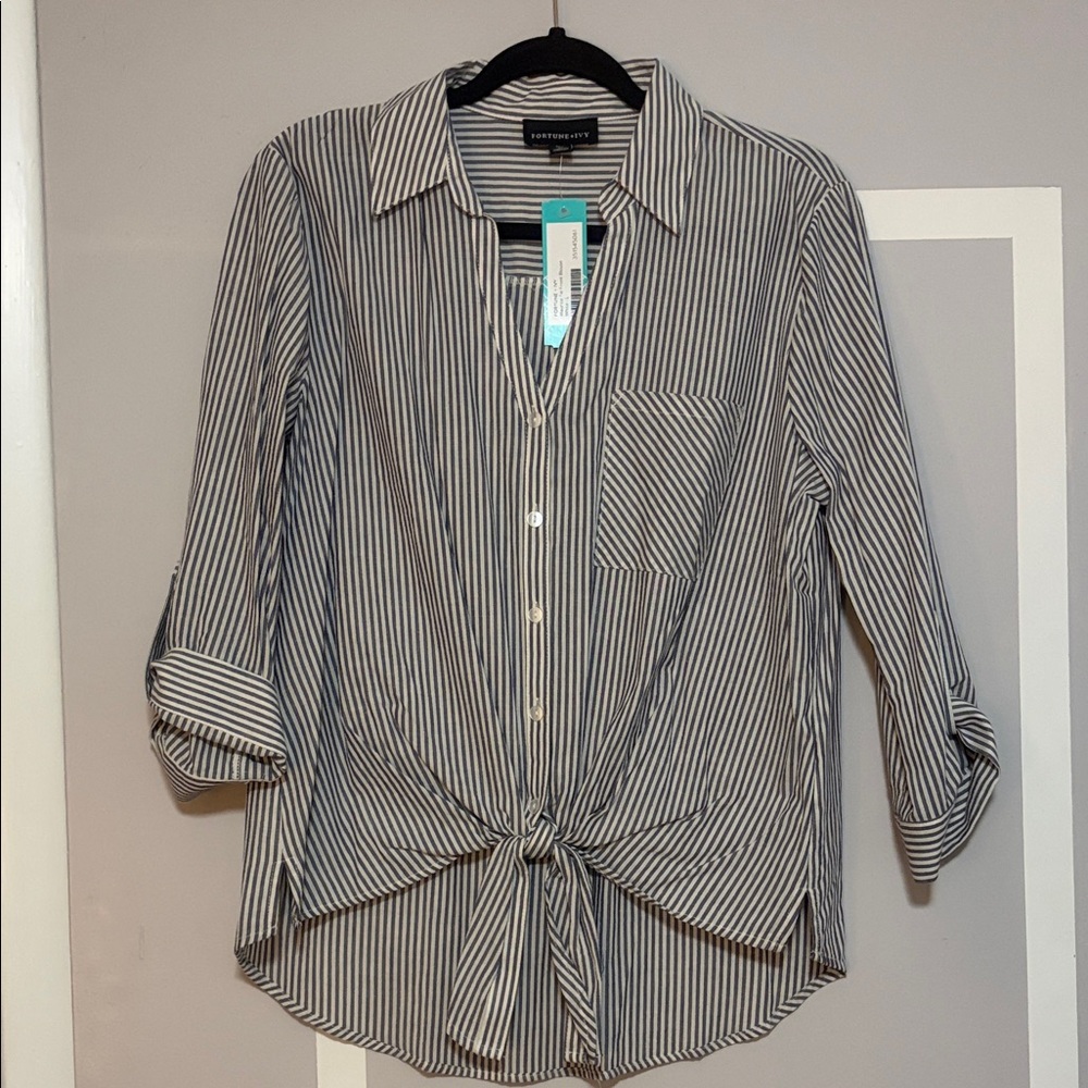 Fortune + Ivy Striped Button-Down Shirt with Tie Front